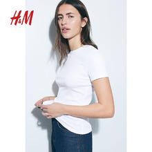H&M 女装T恤2025年春季宽松简约舒适休闲棉质汗布罗纹T恤1260556 白色 M 165/96