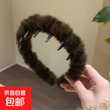 豹纹毛绒发箍 女款 高颅顶防滑压发头箍 深咖色