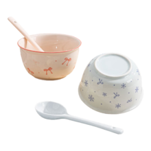 釉下彩陶瓷碗餐具套装 梦幻粉蓝 两碗两勺 少女心ins风