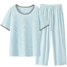 松山棉店 小薄荷睡衣女短袖假两件二合一带胸垫家居服套装 可外穿 夏