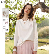 Olrain欧芮儿 简约撞色猫咪绣花长袖T恤女 米白色 M