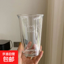 小众文创复古绿玻璃杯 字母杯 高款猫咪 370ml