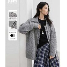 DUIBAI对白 复古翻领拉链开衫毛衣 女士针织外套