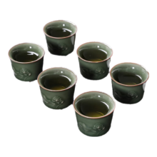 梦庭 青瓷主人杯 手工浮雕精刻陶瓷功夫茶杯 55ML 6只装