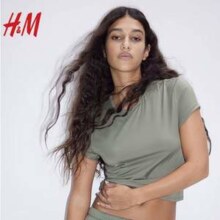 H&M 女士修身弹力汗布窄边领口短袖T恤1234741 三色
