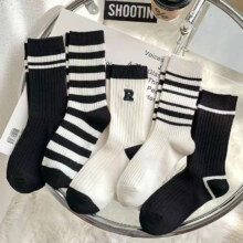 再降价：欧蓝薇雅 黑色中筒袜女春秋条纹高腰长袜 韩版学生堆堆袜 颜色混搭 2双 均码