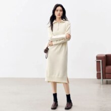 对白 懒人针织裙冬装慵懒宽松直筒翻领休闲长裙女式连衣裙