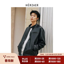 RESTICKHERZAER 复古水洗立领机车风PU皮衣外套 短款底特律夹克 黑色 M