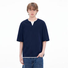 gxgjeans 26夏新品 美式假两件拼接简约休闲短袖T恤 藏青色