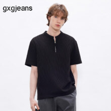gxgjeans 男装 黑色半拉链华夫格短袖T恤