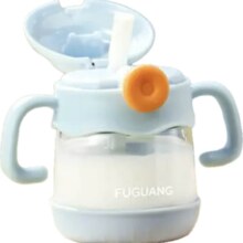 PLUS会员：富光 儿童牛奶杯 320ml 蓝色 带吸管玻璃杯 冲奶粉专用