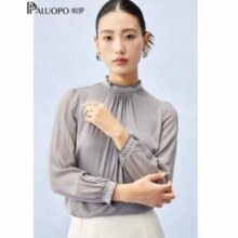 PALUOPO 帕罗 真丝荷叶领褶皱重磅木耳边缎面衫