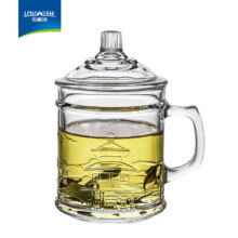 乐唯诗 LOVWISH 宫廷刻花玻璃杯 茶饮杯 350ml 带盖带把 大容量